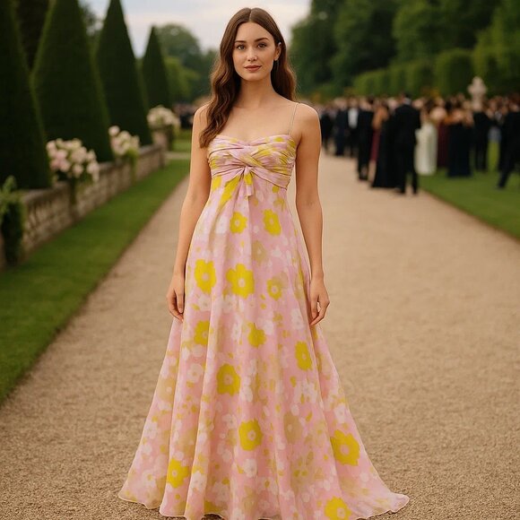 Vintage 60s 70s Custom Made Maxi Dress Gown Floral Print Pleated Romantic Boho - Picture 1 of 15